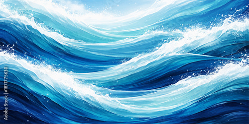 Abstract blue wave background reflecting light and clear summer sky