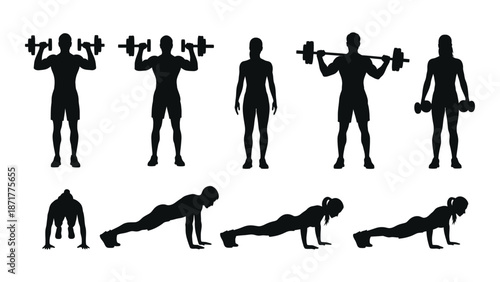 Silhouettes of people performing various workout exercises and fitness routines