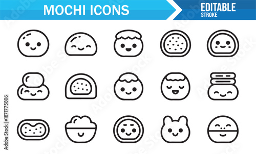 Minimal cute mochi dessert outline icons set