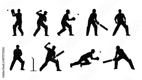 A sequence of silhouettes depicting a cricketer batting in different positions