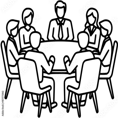 Business Meeting: A group of professionals is engaged in a strategic discussion around a circular table, symbolizing collaboration and collective decision-making.