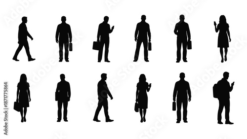 Diverse group of business people silhouettes walking in various professional poses