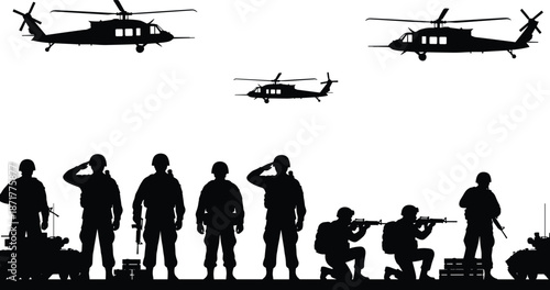 Military, silhouette, vector, illustration, helicopters, soldiers, weapons, drones, battlefield, combat, defense, army, war, coordination, tactical, gear, 
