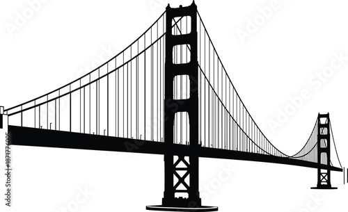 Iconic Golden Gate Suspension Bridge Silhouette Vector Illustration, San Francisco California Landmark, Famous American Architecture and Worldwide Travel Destination Symbol.