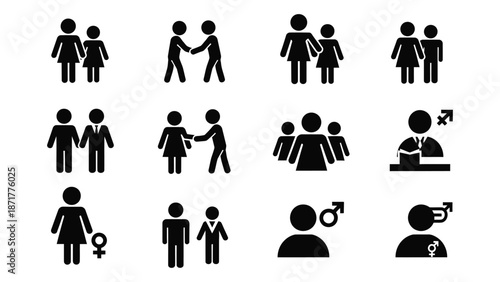 Diverse collection of black silhouette icons depicting people and human interactions