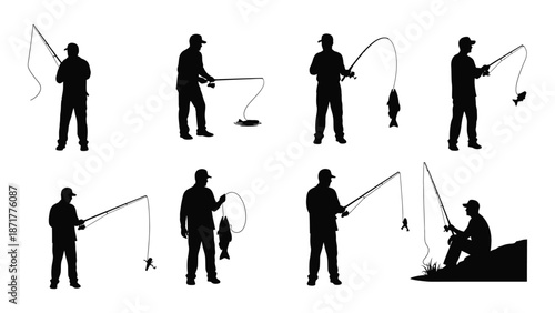 Silhouettes of fishermen in various poses showing the art of angling