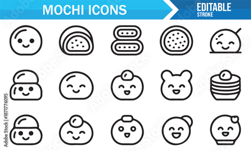 Traditional Japanese mochi dessert outline icons