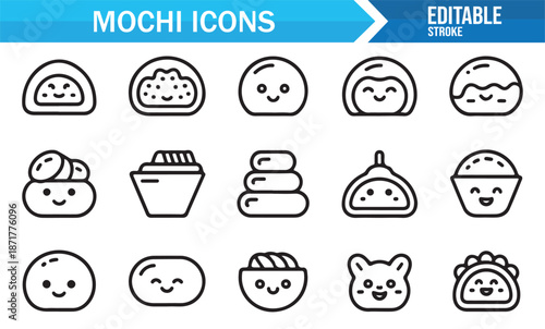 Sweet mochi and cute food character outline icons