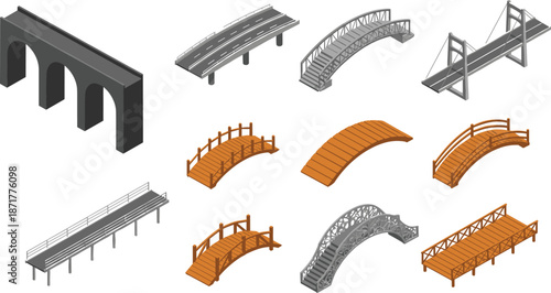 Isometric 3D Bridges Vector Illustration Set, Different Styles Including Stone Arch, Wooden Pedestrian, Truss, and Suspension Designs, Representing Transportation and Civil Engineering.