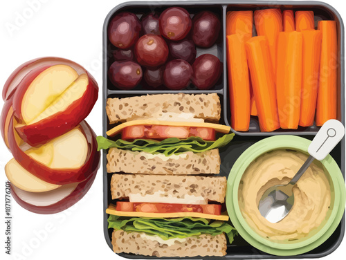 Healthy packed lunchbox with sandwich grapes carrot sticks and hummus with sliced apple on the side perfect for school or work