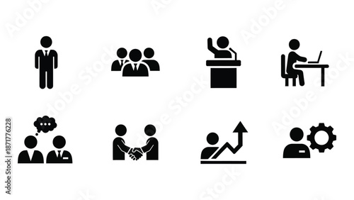 Black silhouette icons depicting business people collaboration and growth concepts