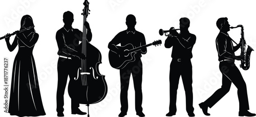 Jazz band musician silhouettes, flute bass guitar trumpet saxophone players performing live music isolated on white background vector illustration design