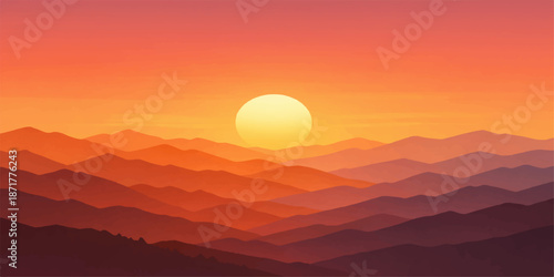 Orange sunrise and sunset views over the mountain landscape with clouds and fog