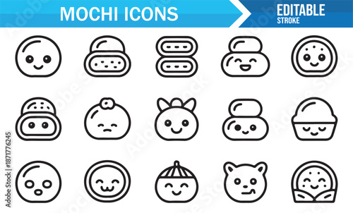 Kawaii mochi dessert faces in outline style