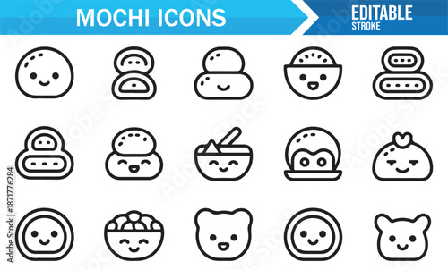 Japanese mochi rice cake characters outline icon set
