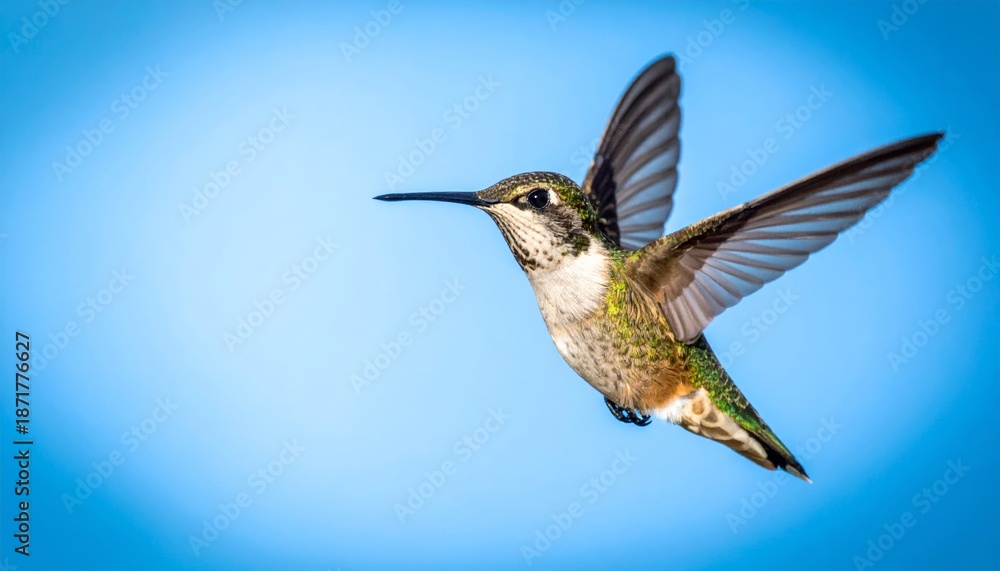 Fototapeta premium Hummingbird in mid-flight against a blue sky.