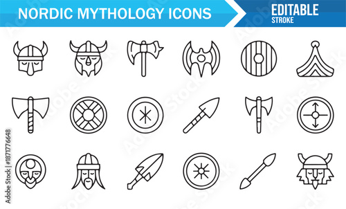 Minimal Nordic mythology and Viking symbol outline icons