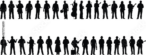 Large set of musician silhouettes, people playing guitar, violin, and singing, isolated vector illustration for music band design.