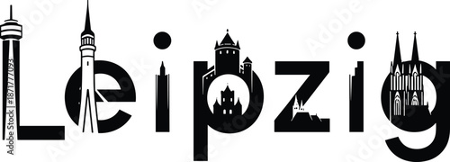 Leipzig City Skyline Typography, Flat Vector Illustration, Representing German Architecture, Travel, Culture, Landmarks, Monument, Tourism, and Urban Design.