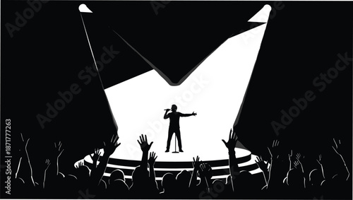 Live concert singer silhouette performing on stage spotlight cheering crowd music festival performance illustration black vector dramatic lighting audience background