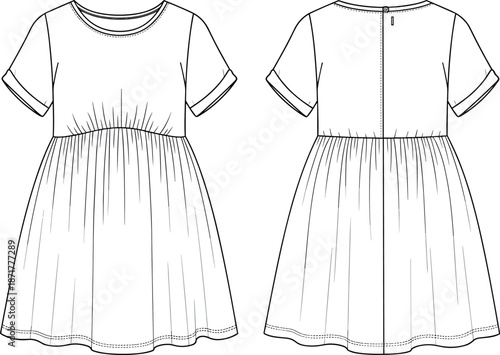 Technical fashion flat sketch of a baby girls empire waist dress with cuffed short sleeves gathered skirt and back button