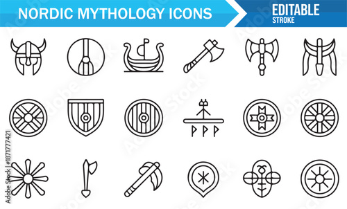 Nordic mythology outline icons set with Viking symbols