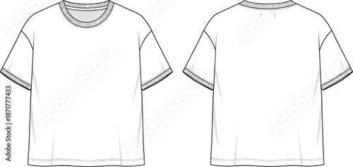 Oversized streetwear t-shirt technical flat sketch template with dropped shoulders and ribbed crew neck for apparel design and fashion mockup
