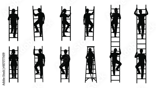Silhouettes of people climbing ladders in various stages of ascent