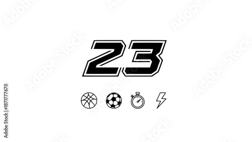 Bold Black Twenty Three Number Graphic With Basketball Soccer Stopwatch And Lightning Bolt Energy Icons