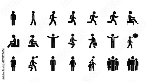 Collection of simple black silhouettes depicting various human poses and activities