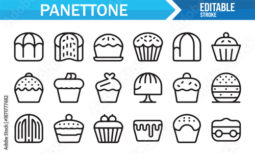 Holiday bakery sweets and panettone line icons