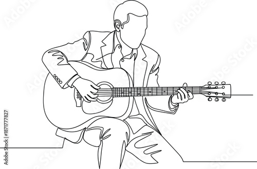 Man playing acoustic guitar line art illustration, musician performance, music creativity, minimal continuous one line drawing isolated white background design