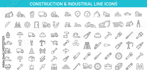 Construction and industrial line icons set featuring machinery, tools, vehicles, safety equipment, engineering, logistics, repair, manufacturing workflow symbols for web design, mobile apps