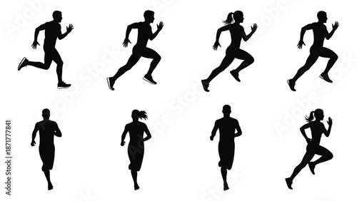 Silhouettes of people running and exercising depicting motion and fitness