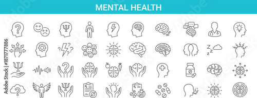 Mental health line icons set featuring brain, psychology, therapy, mindfulness, stress management, emotional wellness, depression awareness, medical support symbols for healthcare design, mobile apps