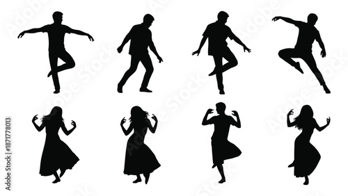 Silhouettes of people in various dynamic poses and dancing figures