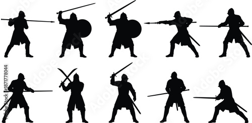 Medieval warrior silhouettes, sword and spear, combat stances, shield fighters, battle-ready poses, vector illustration, black and white, historical fighters