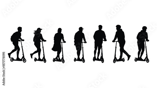 Silhouettes of people riding scooters in a row depicting movement