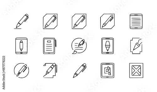 Minimal pen outline logo icon set with black line writing symbols on white background