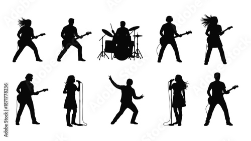 Silhouettes of a rock band performing on stage showing various musicians
