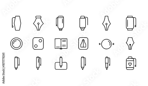 Rounded pen outline icon set with modern black line pictograms for web and app design