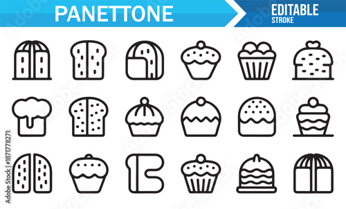 Panettone outline icons set with Italian Christmas cake desserts