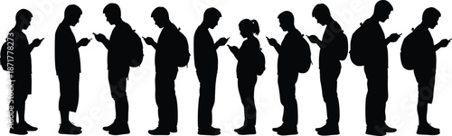 Row of young student silhouettes, people standing in line using smartphones and wearing backpacks, isolated vector illustration.
