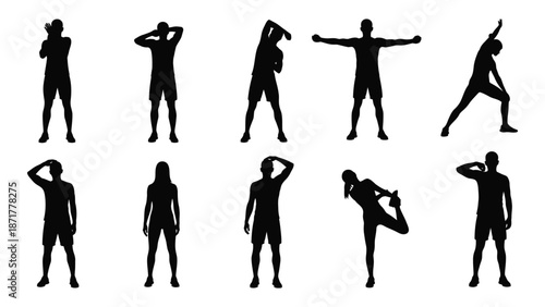 Silhouette illustrations of different yoga poses and human figures in action