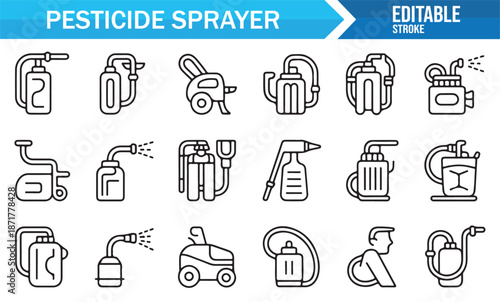 Minimal agricultural sprayer and pest control outline icons set