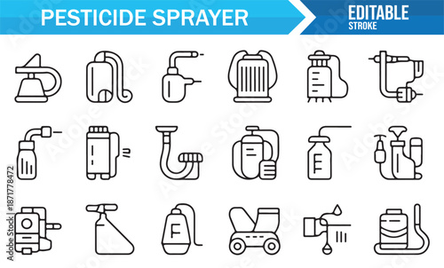 Editable pesticide sprayer outline icons for agriculture design