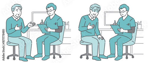 問診と体調不良の高齢男性セット（男性医師・スクラブ）