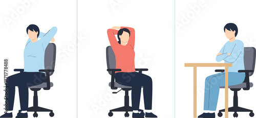 Office chair exercise illustration showing seated stretching, posture improvement, and ergonomic workplace wellness routine for employees isolated on white background