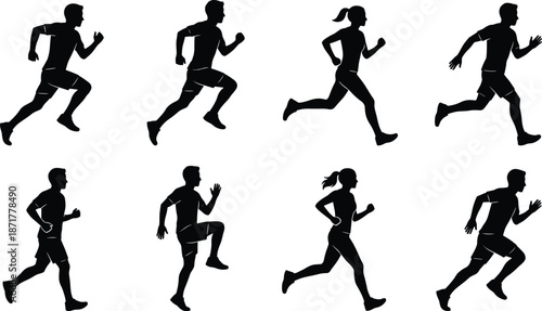 Running silhouette set, male and female athletes sprinting and jogging, sport figures vector illustration isolated on white background.