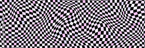 Checker pattern. Race flag background. Chess checkerboard seamless bg. Vector y2k trippy wavy seamless pattern. Groovy twisted grid. Psychedelic dynamic banner bg. Retro 70s funky hippie backdrop